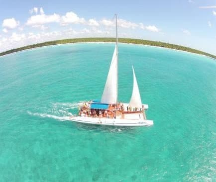 Vista aérea de un catamarán de vela con pasajeros sobre agua turquesa, con una costa de palmeras al fondo.