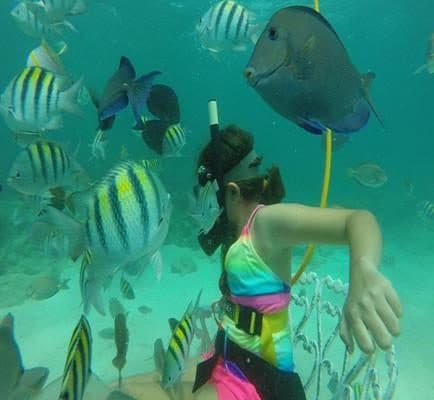 Niña con snorkel rodeada de peces sargento